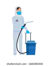 biohazard cleaning person with sprayer character vector illustration design