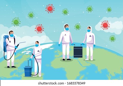 biohazard cleaning persons with covid19 particles in the earth planet vector illustration design
