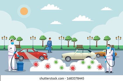 biohazard cleaning persons with covid19 particles on the city vector illustration design