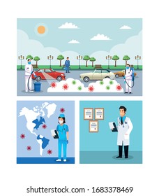 biohazard cleaning persons with covid19 particles on the city vector illustration design
