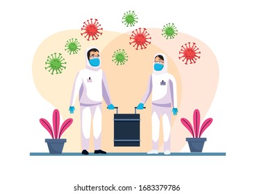 biohazard cleaning persons with covid19 particles vector illustration design