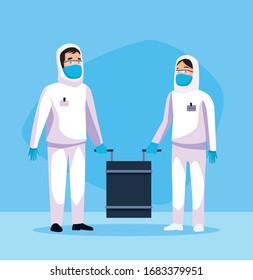 biohazard cleaning persons with special suit characters vector illustration design