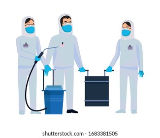 biohazard cleaning persons with sprayer characters vector illustration design