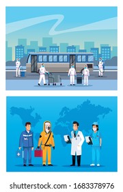 biohazard cleaning persons with sprayer clean a bus vector illustration design