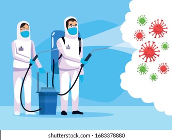 biohazard cleaning persons with sprayer and covid19 particles vector illustration design