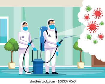 biohazard cleaning persons with sprayer and covid19 particles vector illustration design