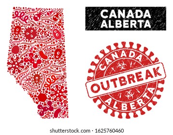 Biohazard collage Alberta Province map and red grunge stamp seal with OUTBREAK words. Alberta Province map collage composed with scattered microbe icons.