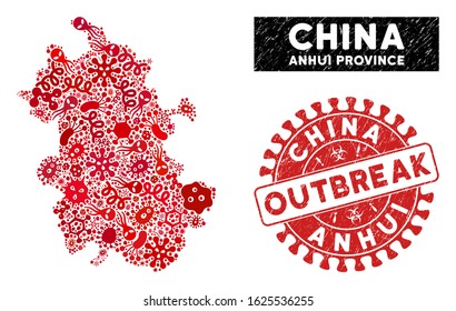 Biohazard collage Anhui Province map and red rubber stamp watermark with OUTBREAK badge. Anhui Province map collage composed with random pandemic items.