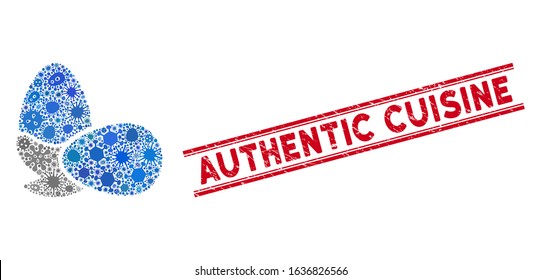 Biohazard collage boiled eggs icon and red Authentic Cuisine seal stamp between double parallel lines. Mosaic vector is designed with boiled eggs icon and with random viral symbols.