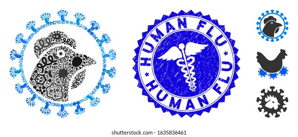 Biohazard collage chicken flu virus icon and round corroded stamp seal with Human Flu text and health care icon.
