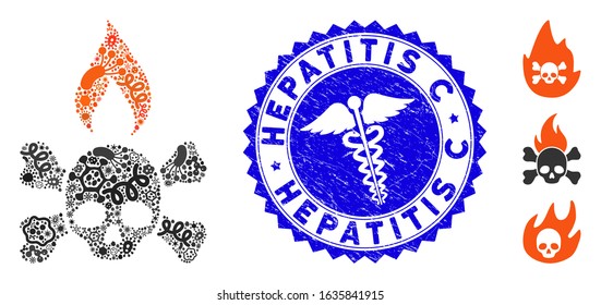 Biohazard collage death ignition icon and round corroded stamp seal with Hepatitis C text and medicine icon. Mosaic vector is designed with death ignition icon and with randomized pathogen symbols.