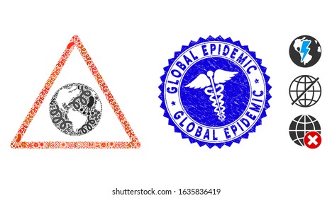 Biohazard collage Earth warning icon and round grunge stamp seal with Global Epidemic phrase and healthcare icon.