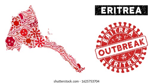 Biohazard collage Eritrea map and red distressed stamp seal with OUTBREAK words. Eritrea map collage formed with scattered microbe cell items. Red round OUTBREAK seal stamp with scratched texture.
