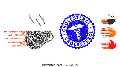 Biohazard collage express coffee icon and round grunge stamp seal with Cholesterol text and medical icon. Mosaic vector is created with express coffee pictogram and with random microorganism symbols.