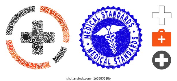 Biohazard collage health care diagram icon and round grunge stamp watermark with Medical Standards text and serpents icon.