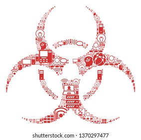 Biohazard collage icon done for bigdata and computing illustrations. Vector biohazard mosaics are organized from computer, calculator, connections, wi-fi, network,