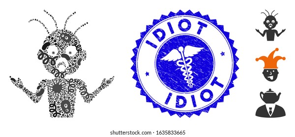 Biohazard collage idiot icon and round distressed stamp seal with Idiot text and medic icon. Mosaic vector is composed with idiot icon and with randomized bacterium icons.