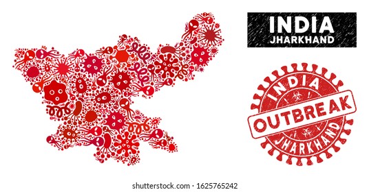 Biohazard collage Jharkhand State map and red corroded stamp watermark with OUTBREAK message. Jharkhand State map collage created with scattered microbe cell items.