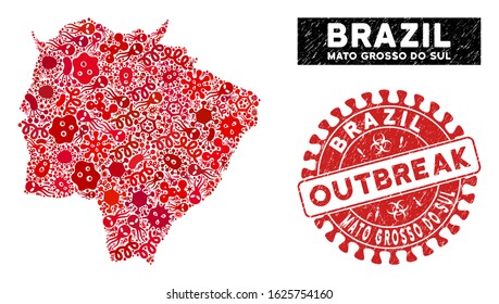 Biohazard collage Mato Grosso do Sul State map and red rubber stamp watermark with OUTBREAK text. Mato Grosso do Sul State map collage composed with scattered bacteria elements.