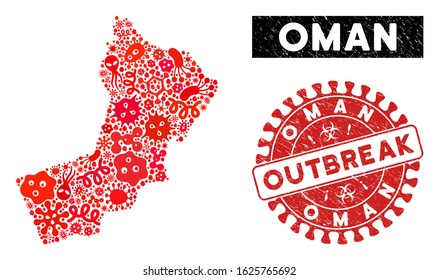 Biohazard collage Oman map and red distressed stamp seal with OUTBREAK message. Oman map collage composed with random infection symbols. Red rounded OUTBREAK watermark with grunge texture.