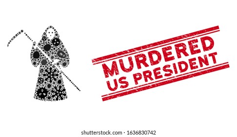 Biohazard collage scytheman icon and red Murdered Us President seal between double parallel lines. Mosaic vector is designed with scytheman icon and with randomized bacteria items.