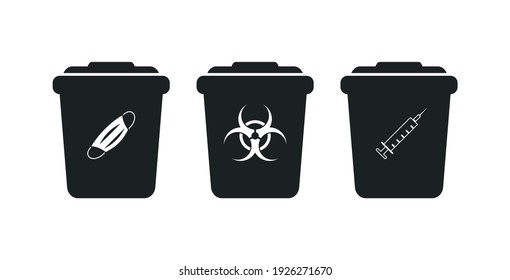 Biohazard containers icons set. Disposal of disposable syringes. For medical waste and box masks. Trash bin silhouettes isolated.