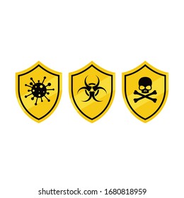 Biohazard corona infect virus skull and Bones mark shield safe. Vector color web icon, new flat style. Creative illustration design, isolated graphic idea for infographics.