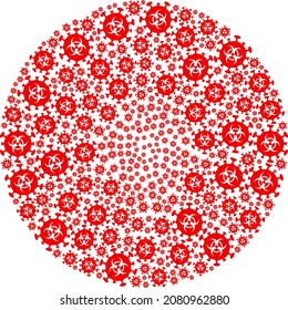 Collage esférico del ciclo del ícono del coronavirus biológico. Los signos del coronavirus de riesgo biológico se organizan en una estructura de mosaico de ciclo esférico.