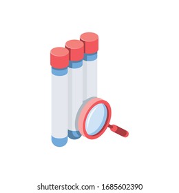 Biohazard Coronavirus search magnifier. Vector 3d isometric, color web icon, new flat style. Creative illustration design, isolated graphic idea for infographics.