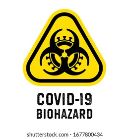 Biohazard Coronavirus Yellow Triangular Caution Sign. Corona Virus Icon. Stop covid-19 Pandemic Badge. Coronavirus outbreak Design Concept. 