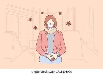 Biohazard, danger, coronavirus, protection concept. Woman cartoon character in medical mask sitting train or subway van. 2019ncov infection risk or threat and covid19 desease flat vector illustartion