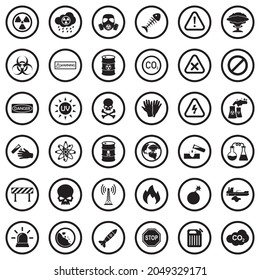 Iconos De Riesgo Biológico Y Peligro. Diseño Plano Negro En Círculo. Ilustración vectorial.