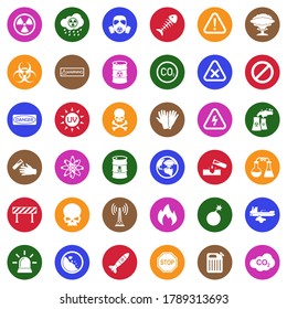 Biohazard And Danger Icons. White Flat Design In Circle. Vector Illustration.