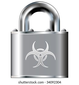 Biohazard or disease warning icon on secure vector lock button.  Suitable for use on websites, in print, and on brochures.