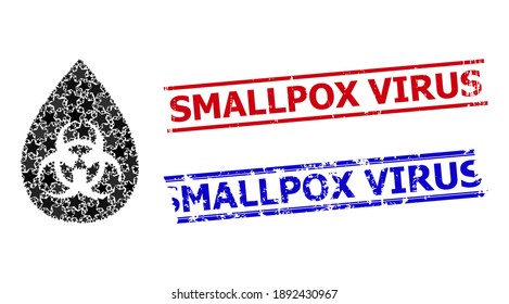 Biohazard drop star pattern and grunge Smallpox Virus seal stamps. Red and blue stamps with grunge surface and Smallpox Virus phrase.