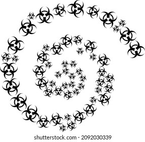  Biohazard elements are grouped into twist mosaic structure. Abstract twist combined from randomly placed biohazard icons.