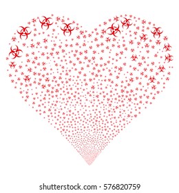 Biohazard fireworks with heart shape. Vector illustration style is flat red iconic symbols on a white background. Object love heart combined from scattered symbols.