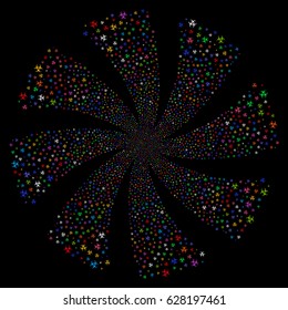 Biohazard fireworks swirl rotation. Vector illustration style is flat bright multicolored iconic symbols on a black background. Object whirl made from random pictographs.
