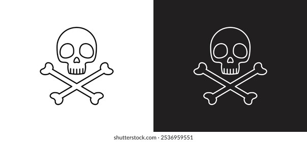 Biohazard Icon, Crossbones and Skull vector icon line. Dangerous crossbones and skull icons. Caartoon skeleton icons. Crossbones vector illustration in black and white background. Edotable stroke.