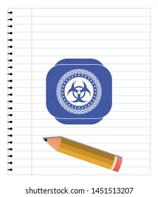 biohazard icon emblem drawn with pen. Blue ink. Vector Illustration. Detailed.