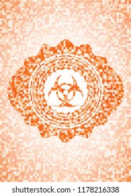 biohazard icon inside abstract emblem, orange mosaic background
