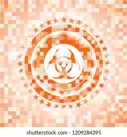 biohazard icon inside abstract emblem, orange mosaic background