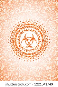 biohazard icon inside abstract emblem, orange mosaic background