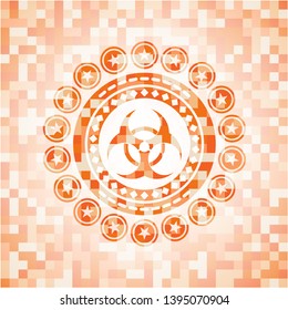 biohazard icon inside abstract emblem, orange mosaic background