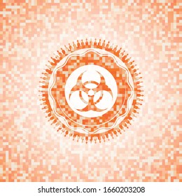 biohazard icon inside abstract emblem, orange mosaic background