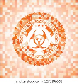 biohazard icon inside abstract orange mosaic emblem with background