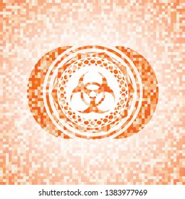 biohazard icon inside abstract orange mosaic emblem
