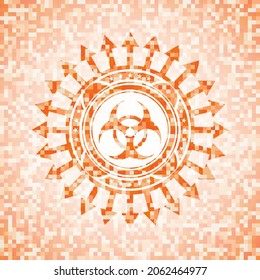 icono de riesgo biológico dentro del emblema abstracto de mosaico naranja. 