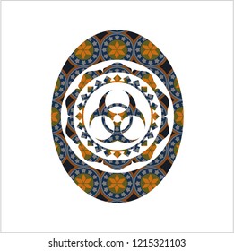 biohazard icon inside arabesque badge background. arabic decoration.