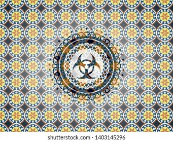 biohazard icon inside arabesque badge background. arabic decoration.